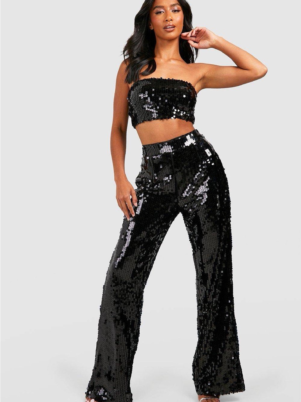 Olivaceous Black Sequin High-Waist Wide Leg Pants